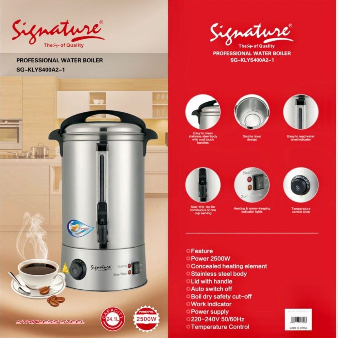 Signature 24.1 Ltr Electric Water Tea Boiler Heavy duty, Stainless Steel, Professional uses SG-KLYS400A2-1 (2500W)